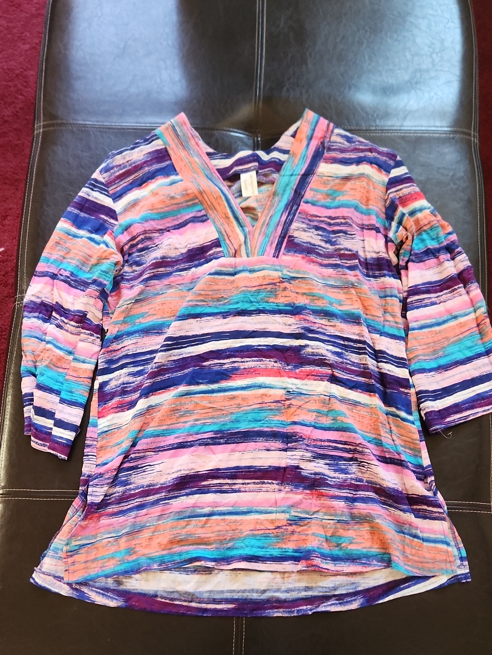 Liz Claiborne Multicolor Striped V‑Neck Tunic — Purple, Coral & Teal